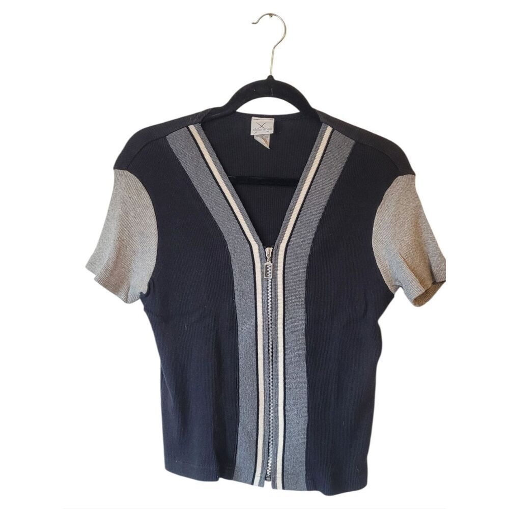 Vintage Y2K Xhilaration Black & Grey Full Zip Sweater Top Women's Size XL